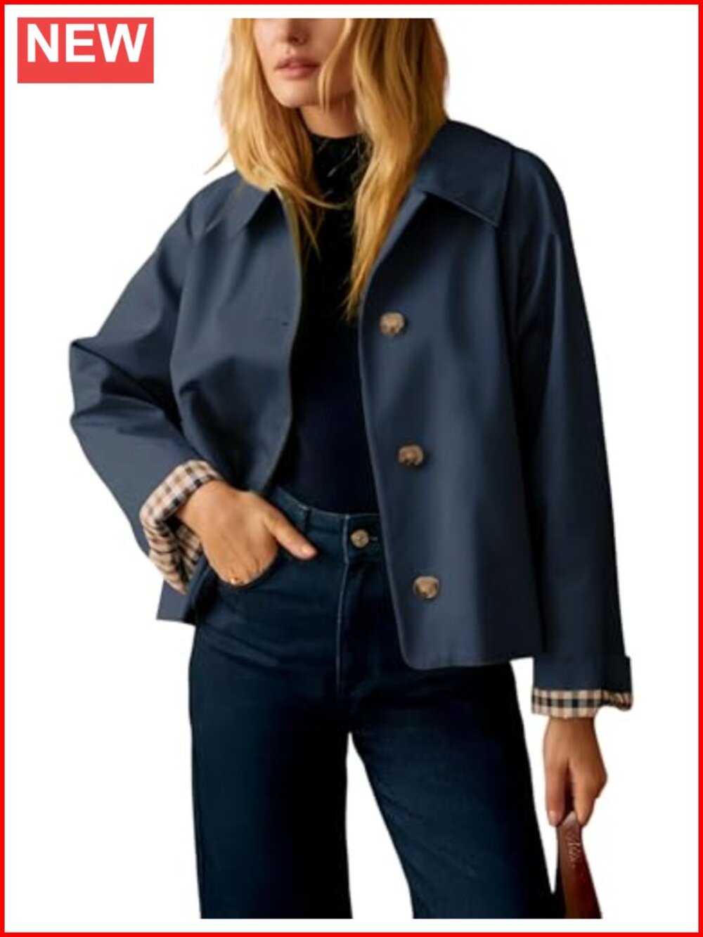 Women's Oversize Trench Coat with Plaid Lining, Lapel Collar, Pockets